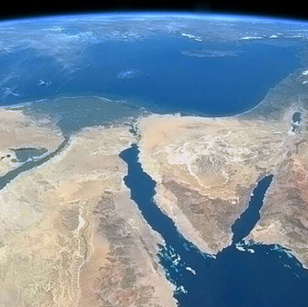 Photo of the Nile Delta, Sinai Peninsula and Dead Sea transform fault taken from a US spacecraft.